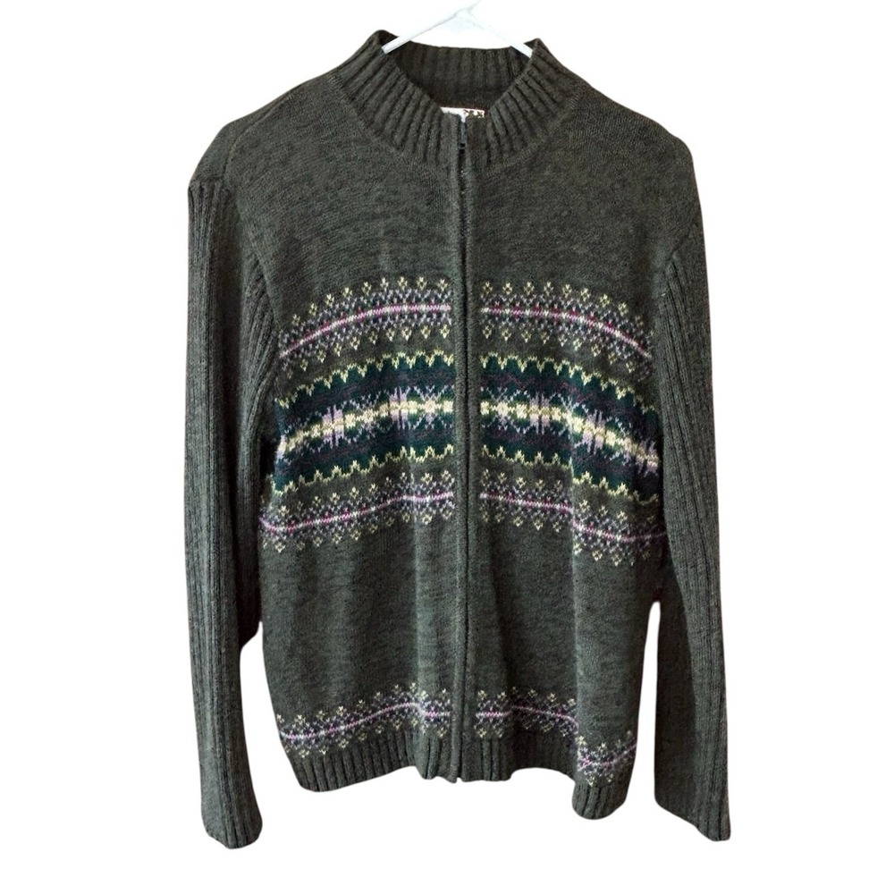 Vtg Tiara International Zip-Up Green Fair Isle Sweater Womens S Mock‎ Neck